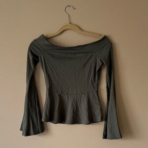 Off-Shoulder Long Sleeve Peplum Top - Olive BCBG XXS